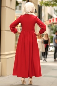 New Kenza - Boncuk Detaylı Kemerli Kırmızı Tesettür Elbise 3158K - Thumbnail
