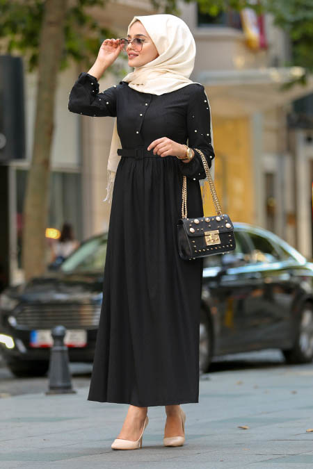New Kenza - Boncuk Detaylı Kemerli Siyah Tesettür Elbise 3158S