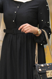 New Kenza - Boncuk Detaylı Kemerli Siyah Tesettür Elbise 3158S - Thumbnail