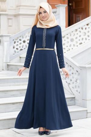 New Kenza - Boncuk Detaylı Lacivert Elbise - 1