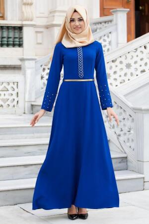 New Kenza - Boncuk Detaylı Saks Mavi Elbise - 1