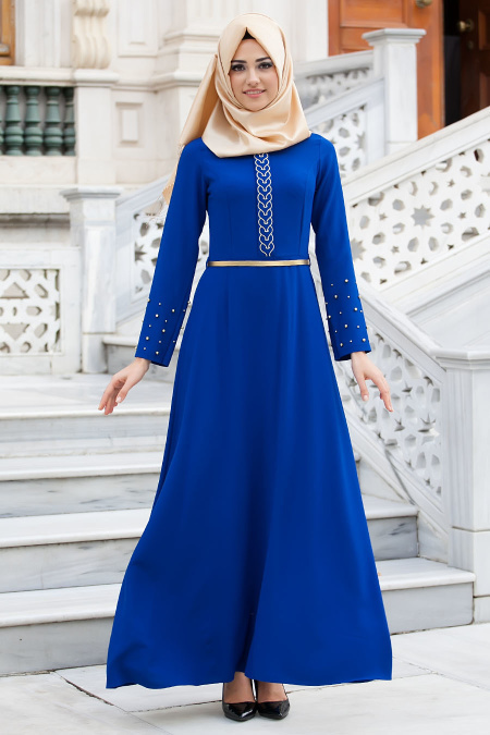 New Kenza - Boncuk Detaylı Saks Mavi Elbise