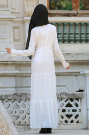 New Kenza - Büzgülü Beyaz Tesettür Elbise 30860B - Thumbnail