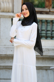 New Kenza - Büzgülü Beyaz Tesettür Elbise 30860B - Thumbnail