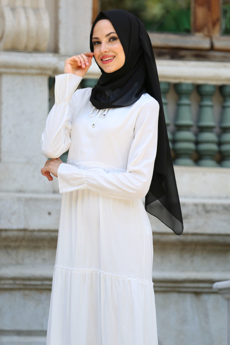 New Kenza - Büzgülü Beyaz Tesettür Elbise 30860B