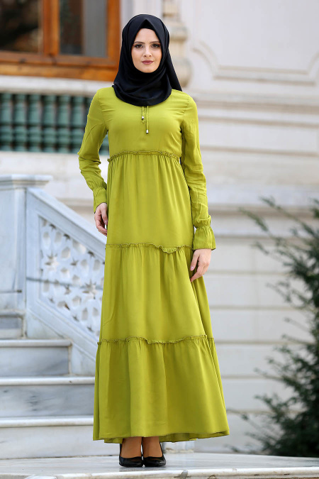 New Kenza - Büzgülü Fıstık Yeşili Tesettür Elbise 30860FY