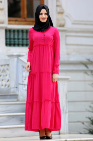 New Kenza - Büzgülü Fuşya Tesettür Elbise 30860F - Thumbnail