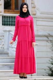 New Kenza - Büzgülü Fuşya Tesettür Elbise 30860F - Thumbnail