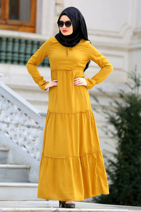New Kenza - Büzgülü Hardal Tesettür Elbise 30860HR