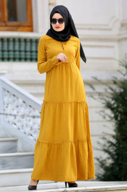 New Kenza - Büzgülü Hardal Tesettür Elbise 30860HR - Thumbnail