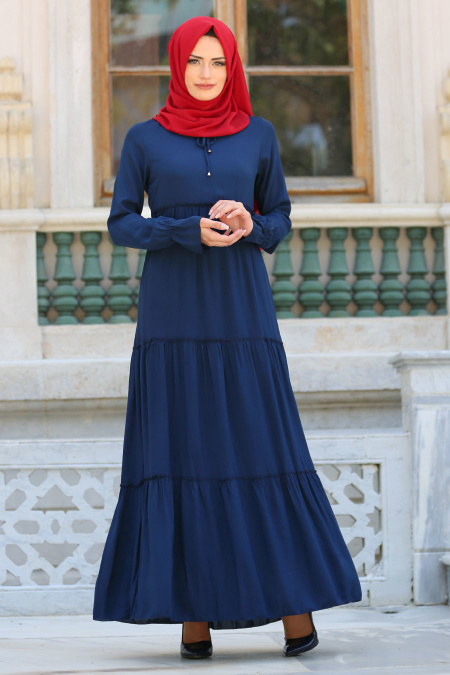 New Kenza - Büzgülü Lacivert Tesettür Elbise 30860L