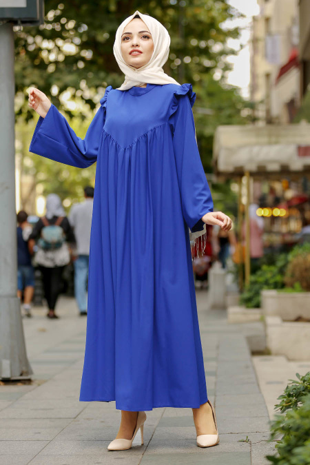 New Kenza - Büzgülü Salaş Sax Mavisi Tesettür Elbise 3161SX