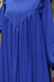 New Kenza - Büzgülü Salaş Sax Mavisi Tesettür Elbise 3161SX - Thumbnail