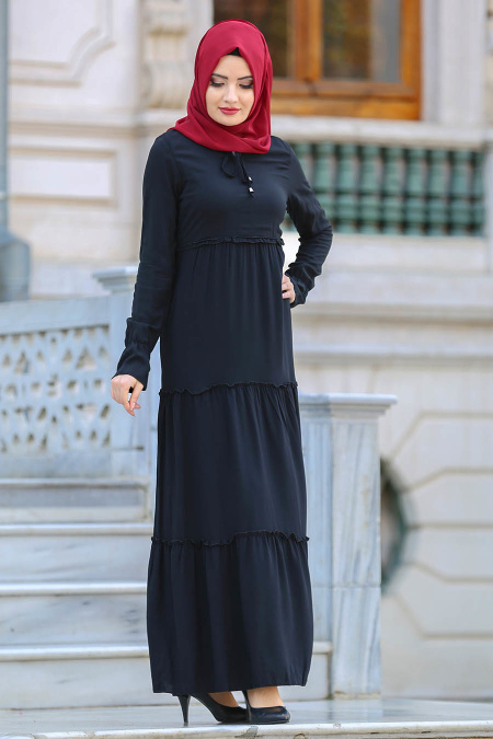 New Kenza - Büzgülü Siyah Tesettür Elbise 30860S