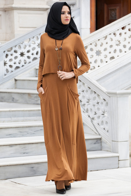 Nayla Collection - Camel Penye Tesettür Elbise 3030C
