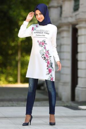 New Kenza - Çiçek Desenli Fuşya Tunik - 1