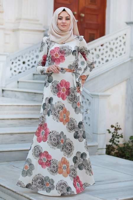 New Kenza - Çiçek Desenli Gri Tesettür Elbise 3078GR