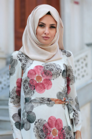 New Kenza - Çiçek Desenli Gri Tesettür Elbise 3078GR - Thumbnail