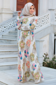 New Kenza - Çiçek Desenli Hardal Tesettür Elbise 3078HR - Thumbnail