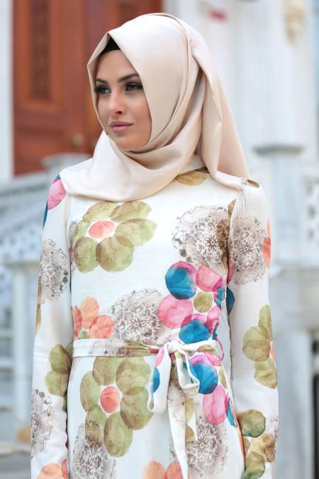 New Kenza - Çiçek Desenli Hardal Tesettür Elbise 3078HR - 2
