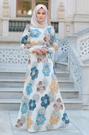New Kenza - Çiçek Desenli Mavi Tesettür Elbise 3078M - Thumbnail