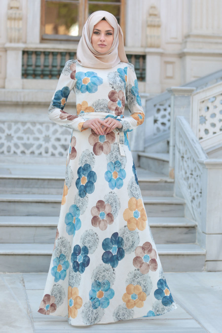 New Kenza - Çiçek Desenli Mavi Tesettür Elbise 3078M