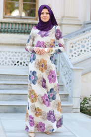 New Kenza - Çiçek Desenli Mor Tesettür Elbise 3078MOR - Thumbnail