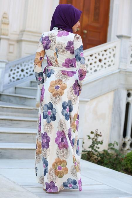 New Kenza - Çiçek Desenli Mor Tesettür Elbise 3078MOR - 3