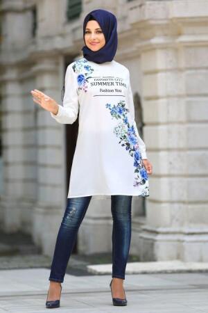New Kenza - Çiçek Desenli Sax Tunik - 1