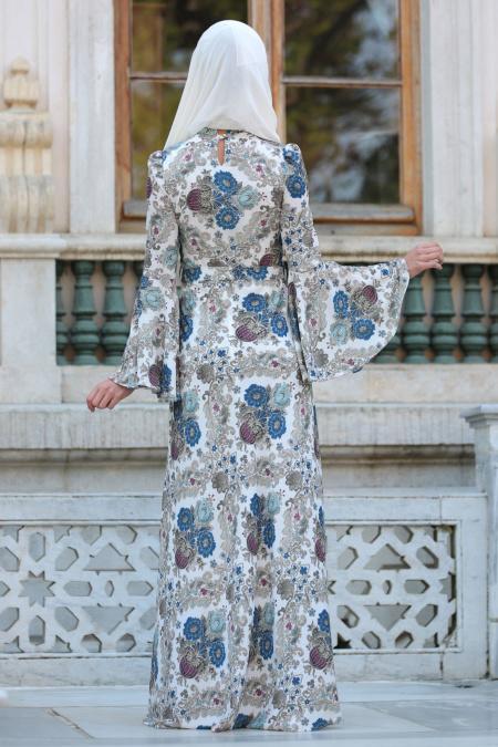 New Kenza - Çiçek Desenli Volan Kol Ekru Tesettür Elbise 3080E - 3