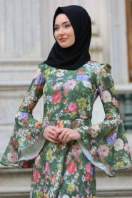 New Kenza - Çiçek Desenli Volan Kol Yeşil Tesettür Elbise 3080Y - Thumbnail