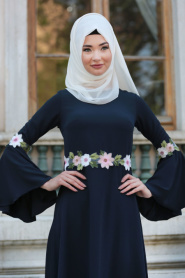 New Kenza - Çiçek Detaylı Lacivert Tesettür Elbise 3079L - Thumbnail