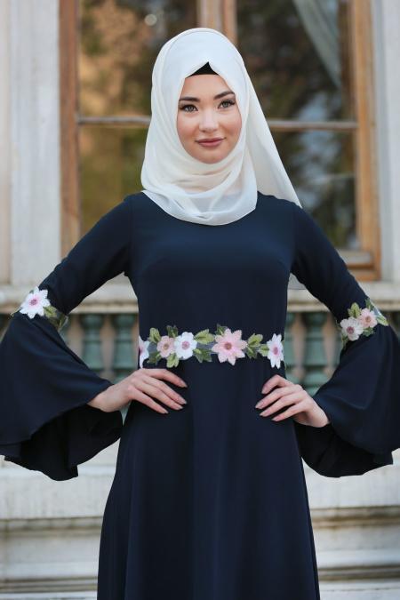 New Kenza - Çiçek Detaylı Lacivert Tesettür Elbise 3079L - 2