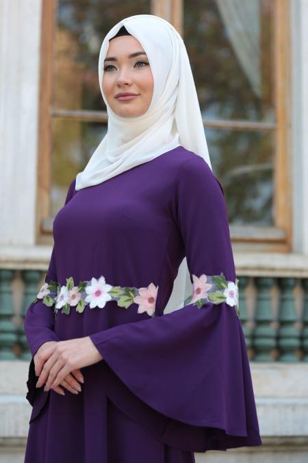 New Kenza - Çiçek Detaylı Mor Tesettür Elbise 3079MOR - 2