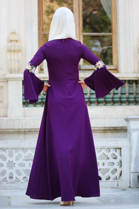 New Kenza - Çiçek Detaylı Mor Tesettür Elbise 3079MOR - 3
