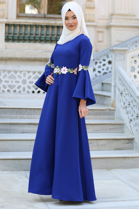 New Kenza - Çiçek Detaylı Sax Mavisi Tesettür Elbise 3079SX