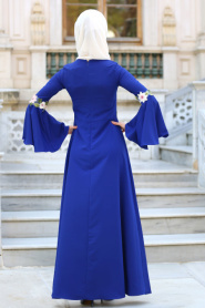 New Kenza - Çiçek Detaylı Sax Mavisi Tesettür Elbise 3079SX - Thumbnail