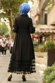 New Kenza - Çiçek Detaylı Siyah Tesettür Elbise 3174S - Thumbnail