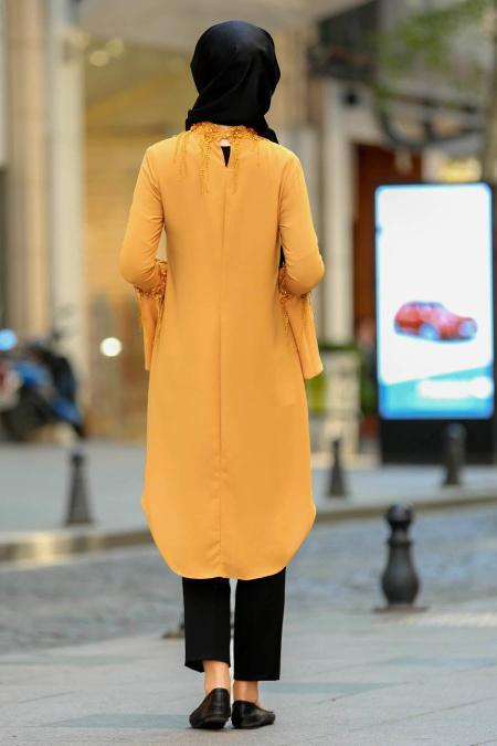 New Kenza - Çiçekli Volan Kol Hardal Tesettür Tunik 2069HR - 2