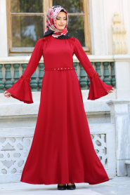 New Kenza - Çiçekli Volan Kol Kırmızı Tesettür Elbise 30870K - Thumbnail