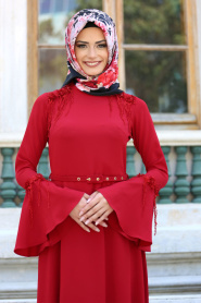 New Kenza - Çiçekli Volan Kol Kırmızı Tesettür Elbise 30870K - Thumbnail