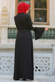 New Kenza - Çiçekli Volan Kol Siyah Tesettür Elbise 30870S - Thumbnail