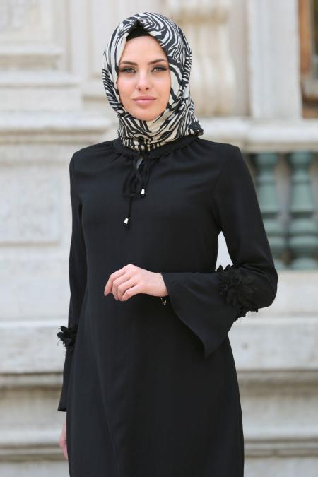 New Kenza - Çiçekli Volan Kol Siyah Tesettür Tunik 2069S - 2
