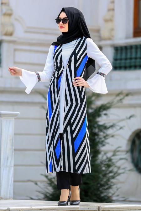 New Kenza - Çizgili Tunik / Yelek Saks Mavisi Tesettür Takım 5049SX - 1