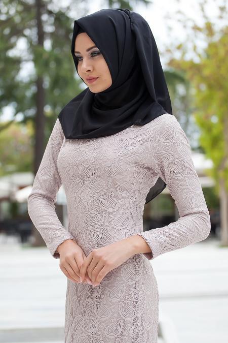 New Kenza - Dantel Detaylı Bej Balık Elbise - 3