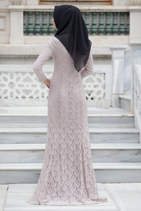 New Kenza - Dantel Detaylı Bej Balık Elbise - 4