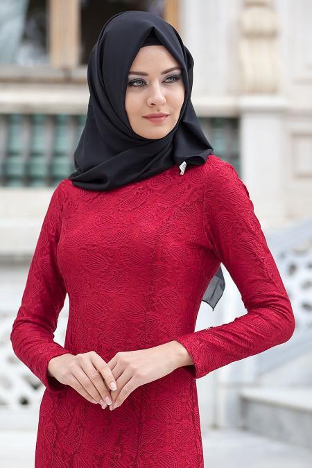 New Kenza - Dantel Detaylı Bordo Balık Elbise - 3