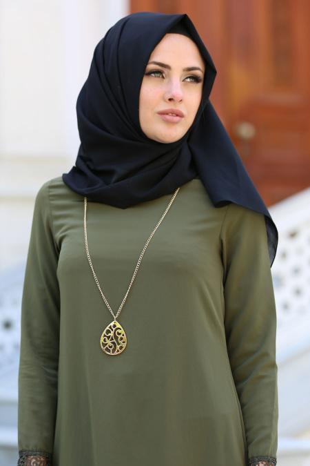 New Kenza - Dantel Detaylı Haki Tesettür Tunik 2054HK - 2