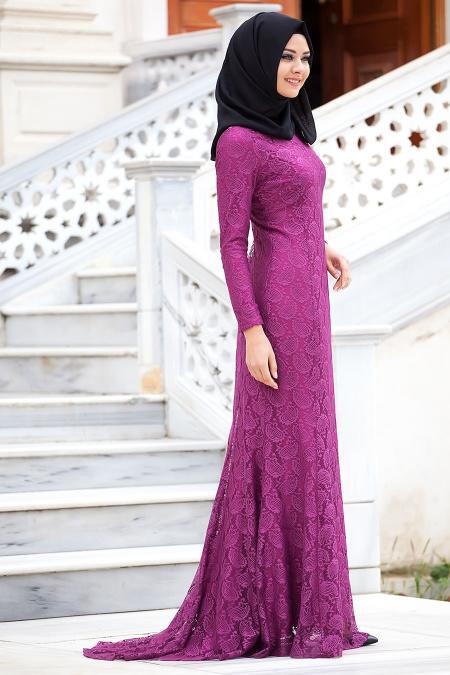 New Kenza - Dantel Detaylı Mürdüm Balık Elbise - 2