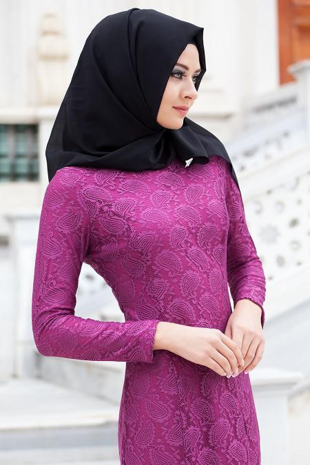 New Kenza - Dantel Detaylı Mürdüm Balık Elbise - 3